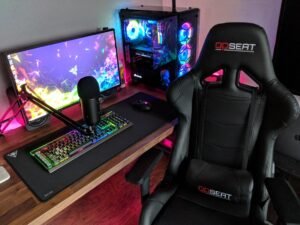 área de trabalho, iluminação para computador, mesa de trabalho